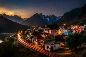 photo wallpaper the sky, mountains, road, house, river, sunset, the city, the. AI-Generated