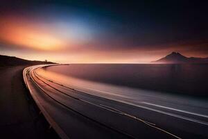 a long exposure photograph of a train going down a track. AI-Generated photo