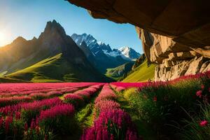 a field of pink flowers in front of mountains. AI-Generated photo