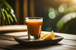 a glass of orange juice on a wooden table. AI-Generated photo