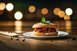 a hamburger on a plate with a fork and knife. AI-Generated photo