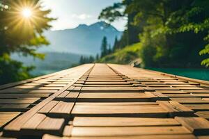 wooden bridge over a lake with mountains in the background. AI-Generated photo