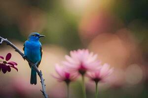 un azul pájaro se sienta en un rama con rosado flores generado por ai foto