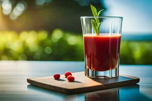 a glass of juice with berries on a wooden tray. AI-Generated photo