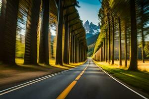 a road with trees and mountains in the background. AI-Generated photo