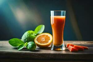 un vaso de naranja jugo con un rebanada de limón y algunos vegetales. generado por ai foto