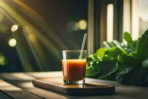 a glass of juice on a table with a plant. AI-Generated photo