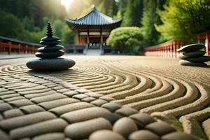 a zen garden with stones and a pagoda. AI-Generated photo