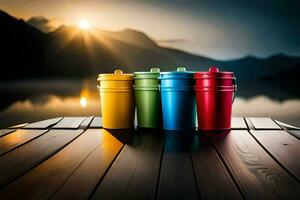 colorful cups sitting on a wooden dock with mountains in the background. AI-Generated photo