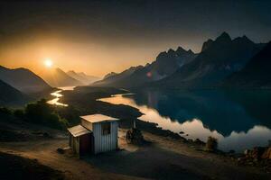 un pequeño choza se sienta en el apuntalar de un lago a puesta de sol. generado por ai foto