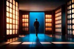 a man in a suit walks through an empty hallway. AI-Generated photo