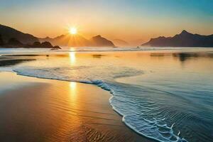 el Dom sube terminado el Oceano y montañas en esta hermosa playa. generado por ai foto