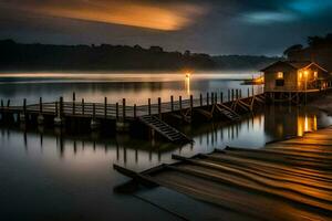 a dock at night with a light shining on it. AI-Generated photo