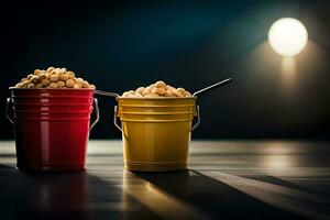 two buckets of popcorn on a table. AI-Generated photo
