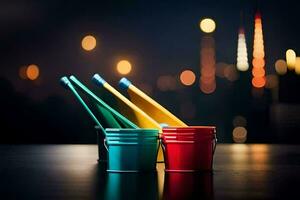 three colorful buckets on a table with a city in the background. AI-Generated photo