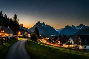 a road leading to a village at dusk with mountains in the background. AI-Generated photo