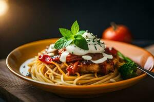 a plate of spaghetti with meat and sauce. AI-Generated photo
