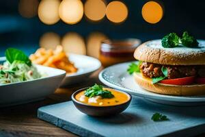 un hamburguesa y papas fritas en un mesa. generado por ai foto