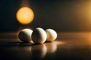 Tres huevos en un mesa con un ligero en el antecedentes. generado por ai foto