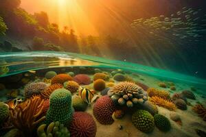 the sun shines over a coral reef and fish. AI-Generated photo