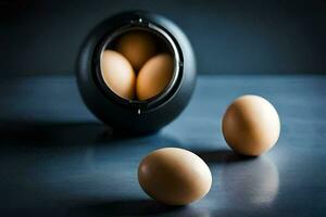 three eggs are in a black egg cooker. AI-Generated photo