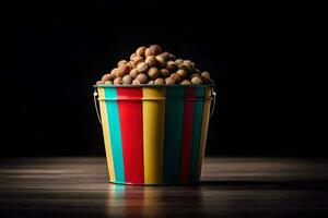 a bucket filled with peanuts on a dark table. AI-Generated photo