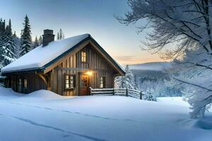 a cabin in the snow at sunset. AI-Generated photo
