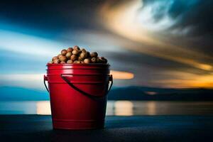 a bucket full of nuts on a table in front of the ocean. AI-Generated photo