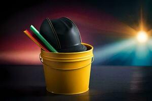 a bucket with a hat and pencils on a table. AI-Generated photo