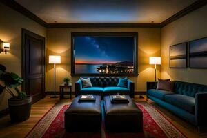 the living room has a view of the city at night. AI-Generated photo
