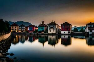 a beautiful sunset over a lake with houses. AI-Generated photo