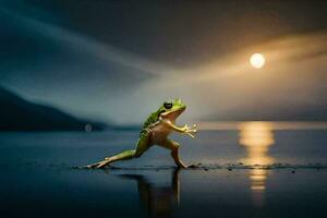 a frog standing on its hind legs in front of the moon. AI-Generated photo