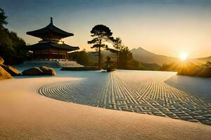 el Dom sube terminado un pagoda en el nieve. generado por ai foto