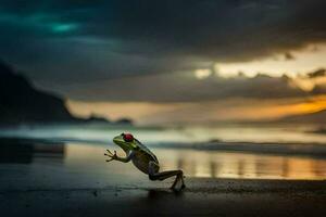 a frog jumping on the beach at sunset. AI-Generated photo