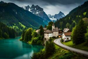 a lake and a mountain village in the alps. AI-Generated photo