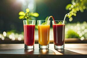 three glasses of juice with straws on a table. AI-Generated photo