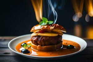 a burger with sauce and smoke on a plate. AI-Generated photo