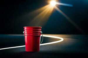 a red bucket sitting on the basketball court. AI-Generated photo