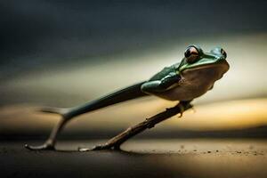 a frog sitting on a branch with a dark background. AI-Generated photo