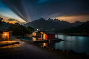 un pequeño casa se sienta en el apuntalar de un lago a noche. generado por ai foto