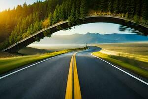 un la carretera con un puente terminado eso y arboles generado por ai foto