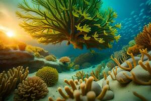 an underwater scene with coral and fish. AI-Generated photo