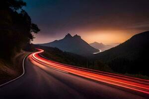 a long exposure photograph of a road with light trails. AI-Generated photo