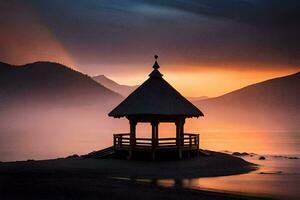 un Kiosko se sienta en el apuntalar de un lago a puesta de sol. generado por ai foto