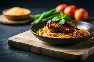 chicken with spaghetti and vegetables on a wooden cutting board. AI-Generated photo