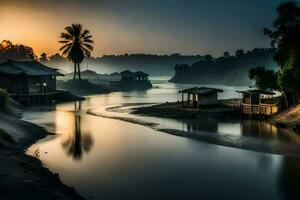 un río a puesta de sol con casas y palma arboles generado por ai foto