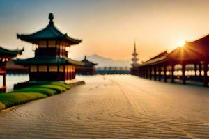 the sun is setting over a pagoda in china. AI-Generated photo