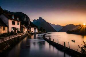 photo wallpaper the sky, mountains, water, houses, lake, sunset, the sun, the. AI-Generated