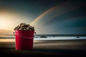 a bucket of nuts on the beach with a rainbow in the background. AI-Generated photo