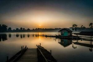 a boat dock and a house on the water at sunrise. AI-Generated photo
